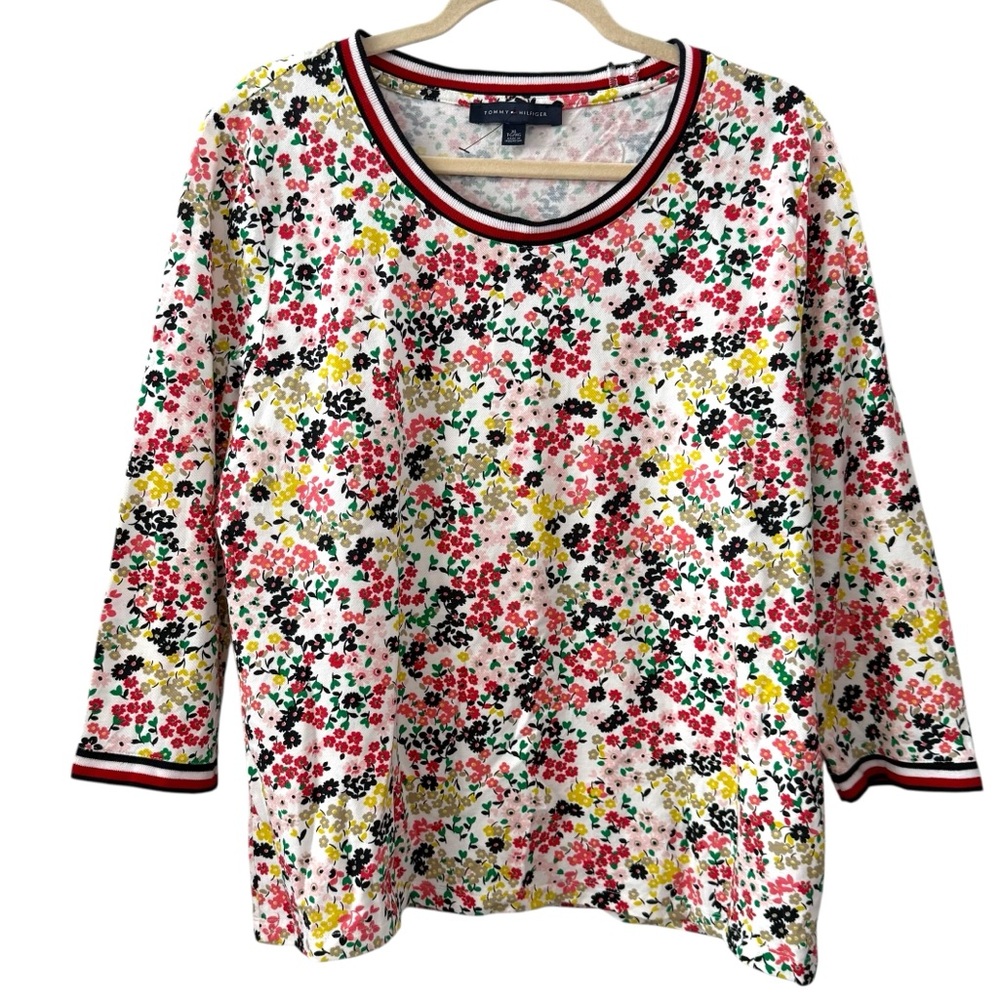 NWOT Tommy Hilfiger XL White Multicolor Floral Knit Top Cotton Blend Crewneck